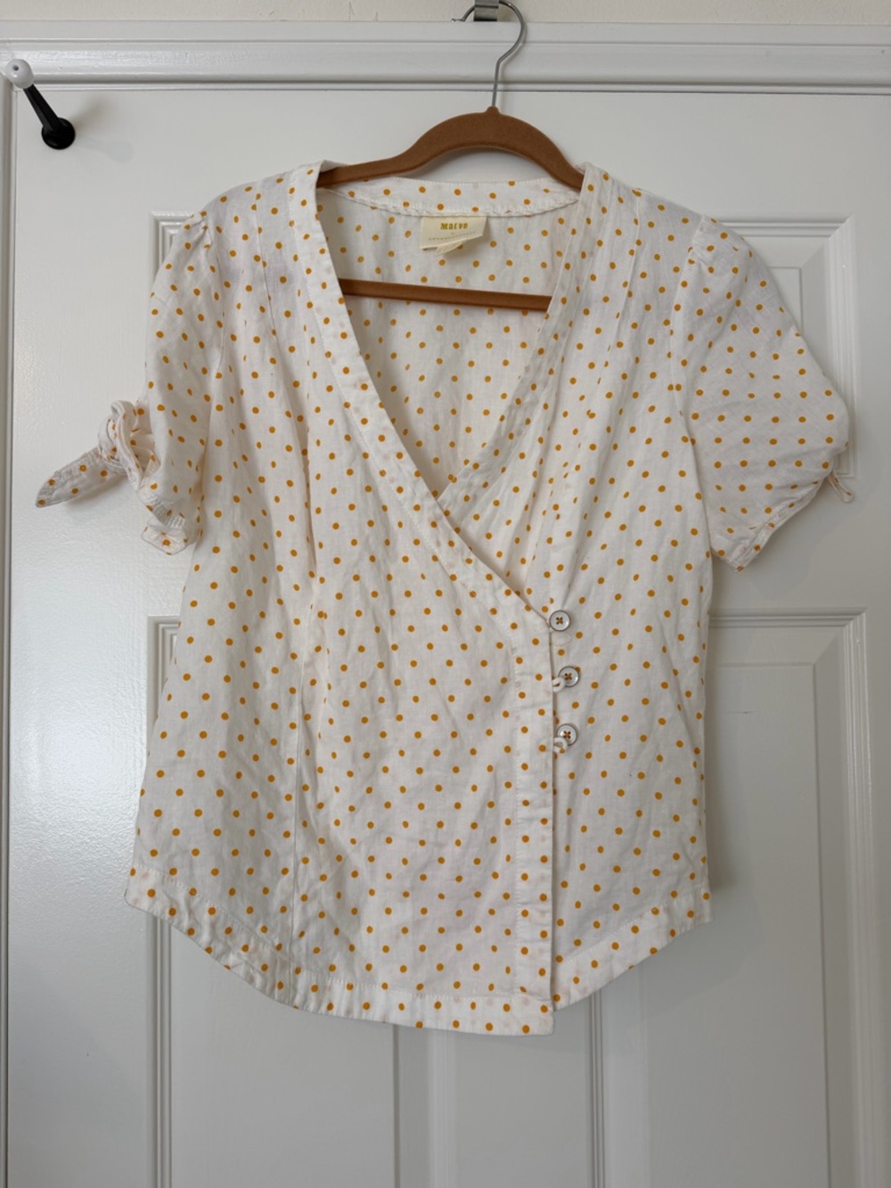 Anthropologie White Wrap Blouse with Mustard Polka Dots